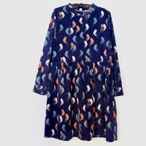 Corduroy bird print babydoll long sleeve dress